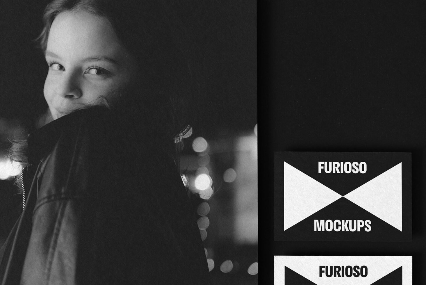 Black and white image showcasing a woman in a leather jacket with business card mockups titled Furioso; design, template, graphics, marketing asset.