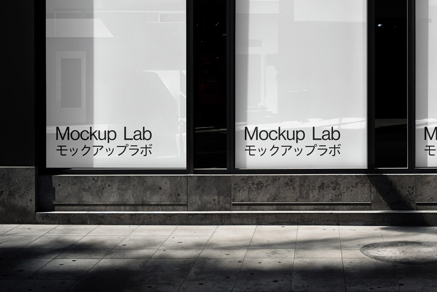 Storefront window mockup with Japanese text, ideal for designers seeking realistic presentation templates. Keywords: Mockup, Graphics, Design, Template.