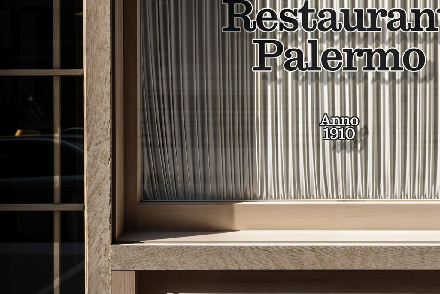 Modern restaurant signage mockup with outlined serif font on corrugated metal backdrop
