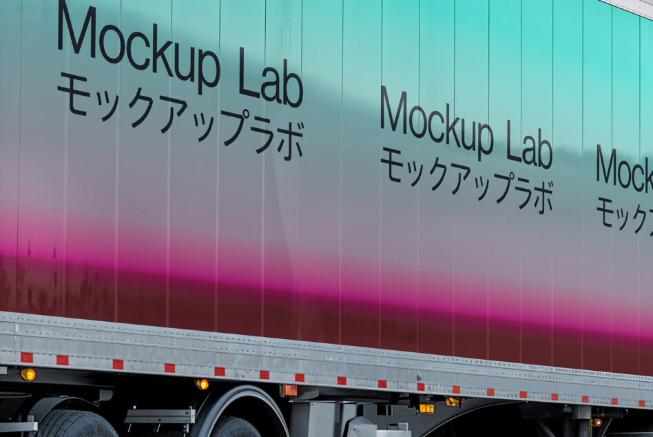 Truck trailer mockup design with gradient background and text Mockup Lab in English and Japanese. Ideal for visual presentation and branding projects.