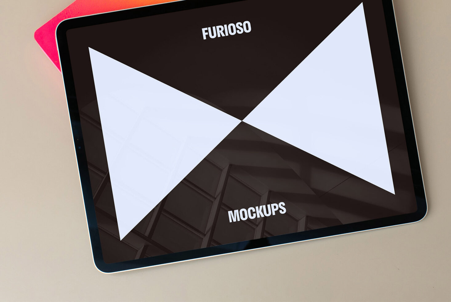 Tablet displaying a geometric mockup design labeled Furioso and Mockups perfect for designers seeking creative digital assets for projects.