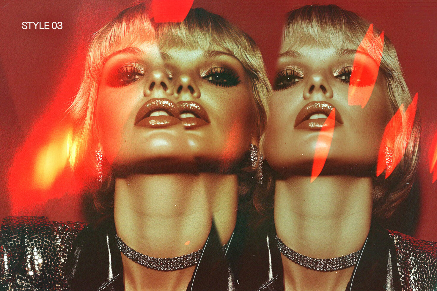 Duplicate faces with blonde bob hair, red eyeshadow, glossy lips, sparkly choker against crimson backdrop