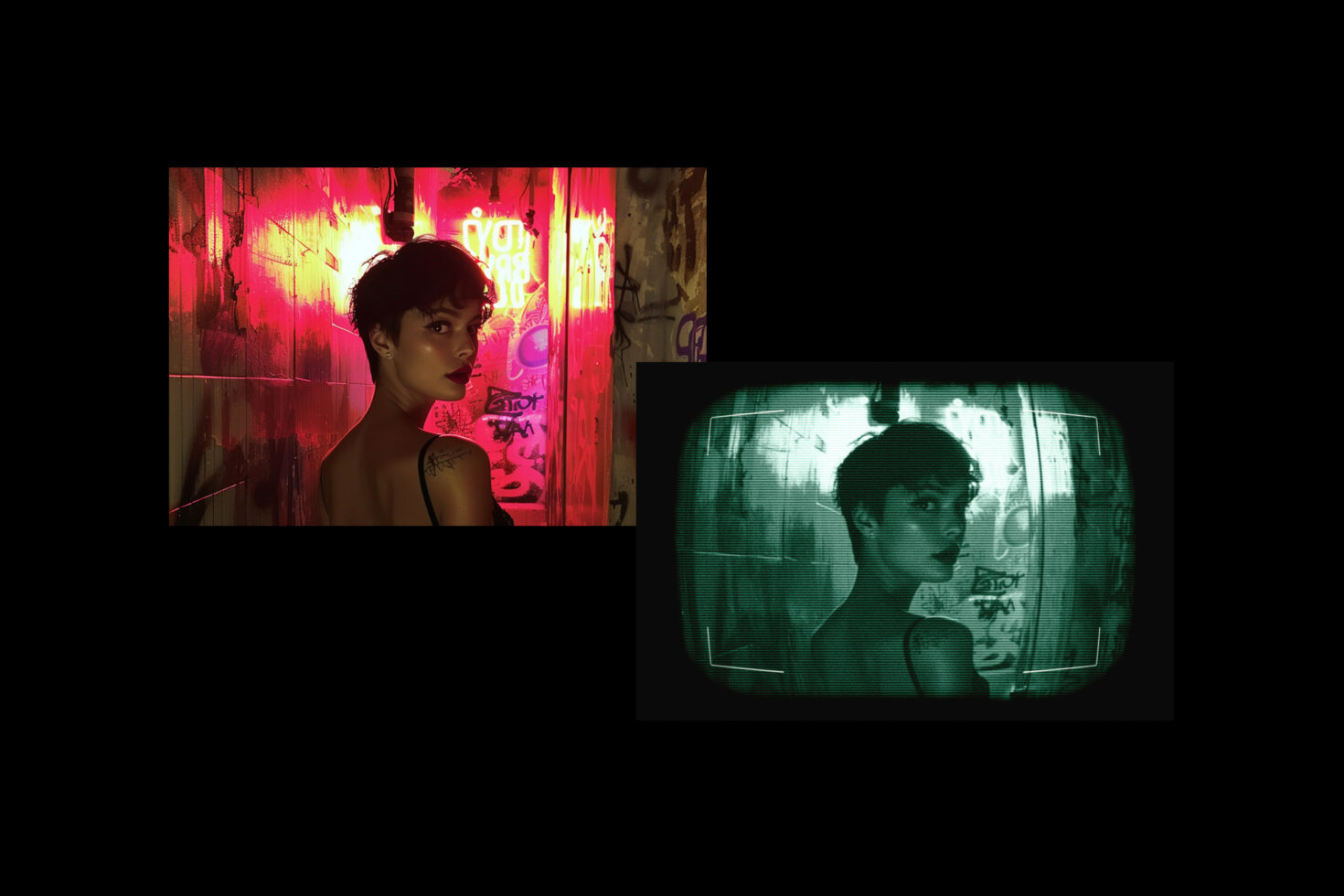 Digital graphic with a retro vibe featuring a woman in a neon-lit graffiti alley, offering a unique photo effect ideal for designers seeking creative assets