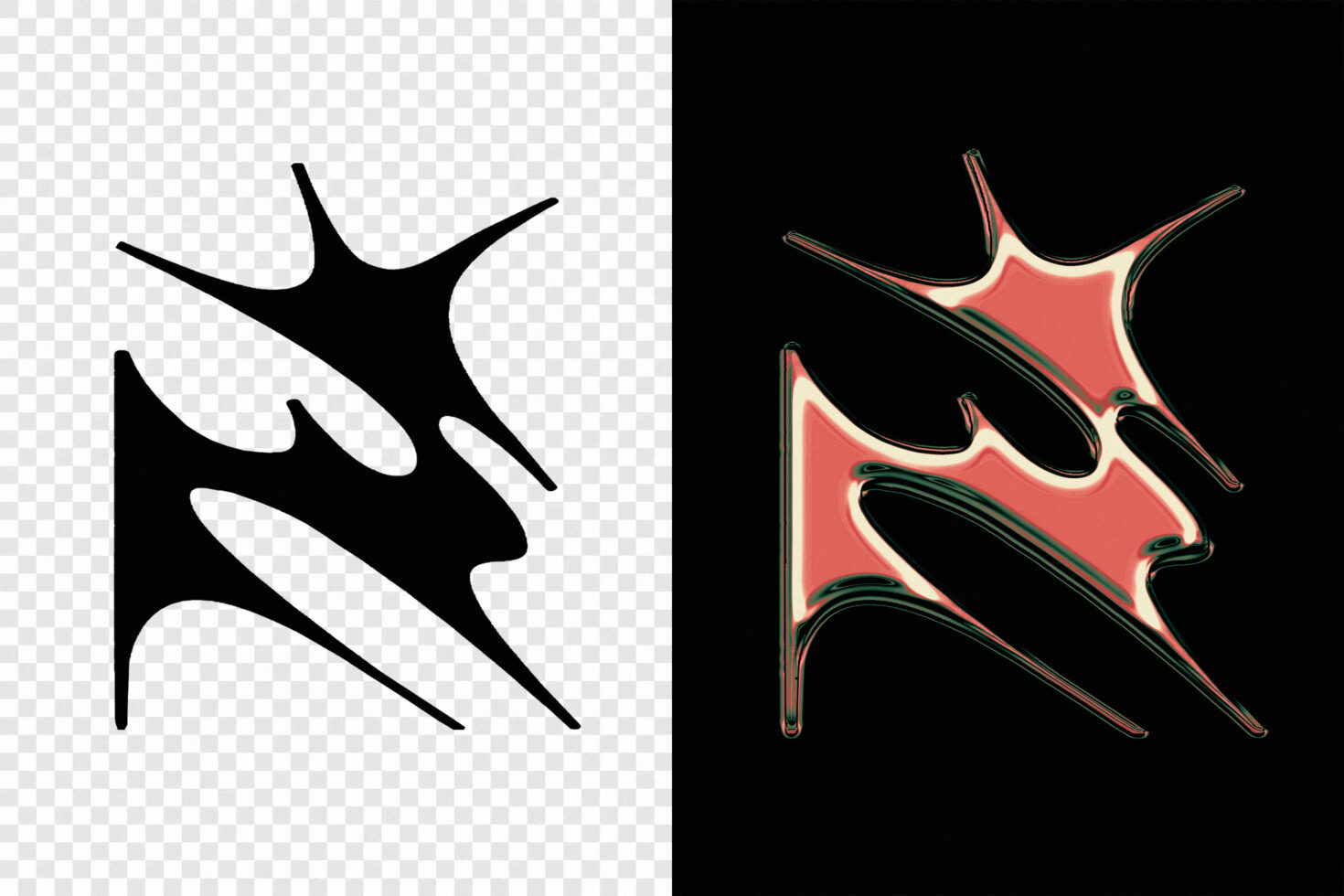 Abstract digital graphic with black and red artistic shapes on split background. Ideal for designers needing modern, edgy design elements and templates.