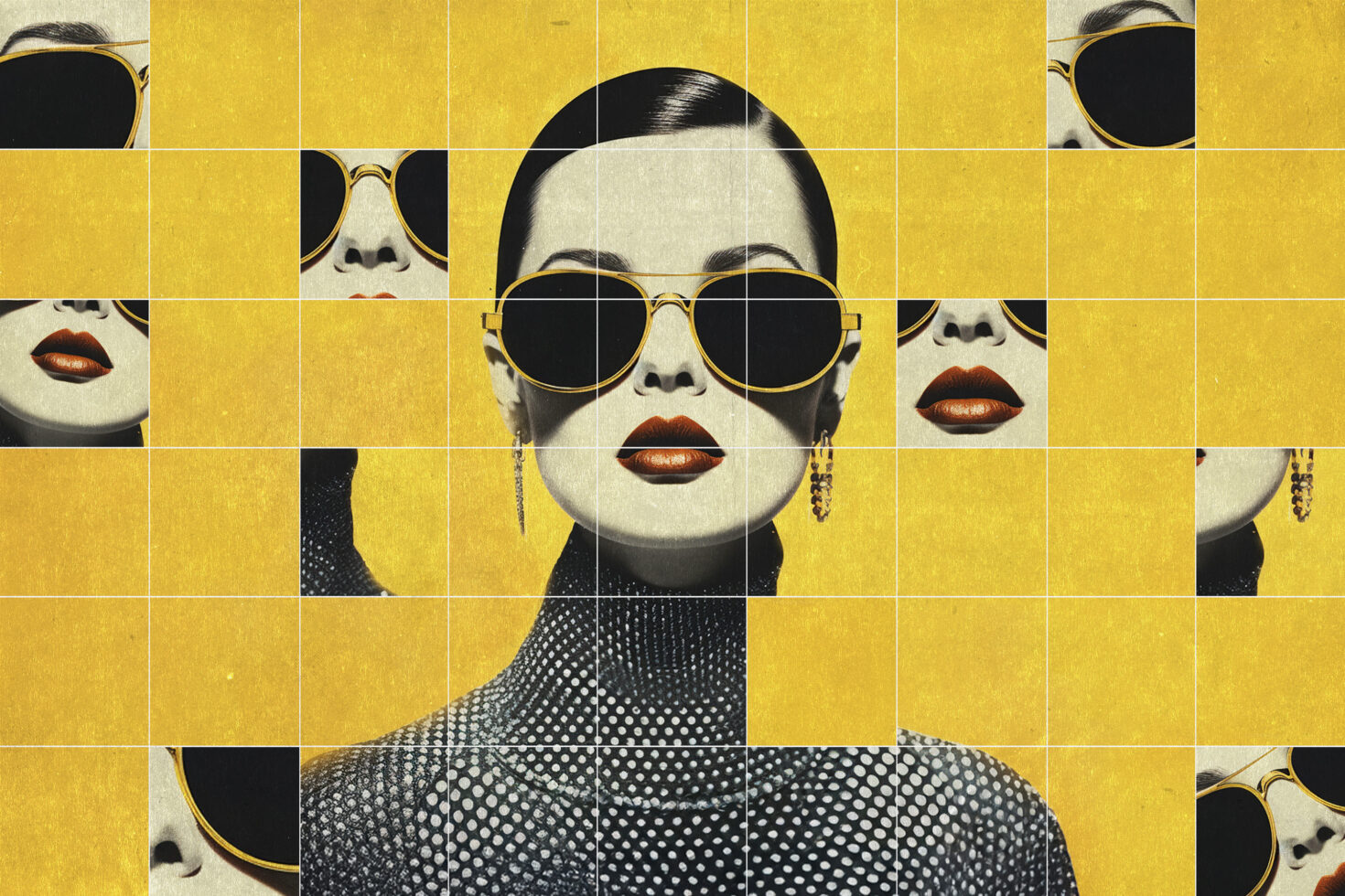 Pop art style grid mosaic of woman in sunglasses on bright yellow background with halftone effect