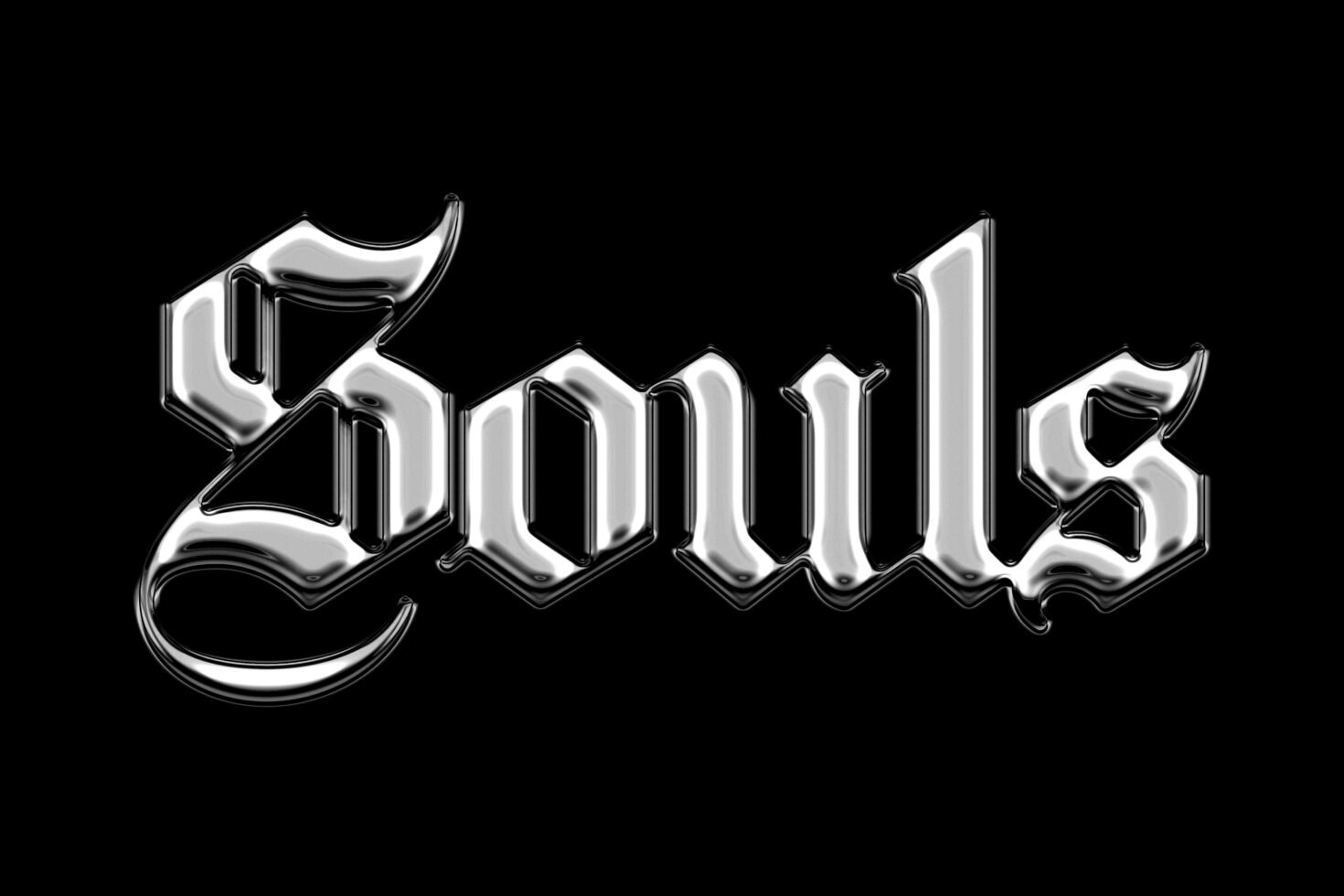 3D chrome text graphic of word Souls in gothic style on black background perfect for designers seeking unique fonts or templates for creative projects.