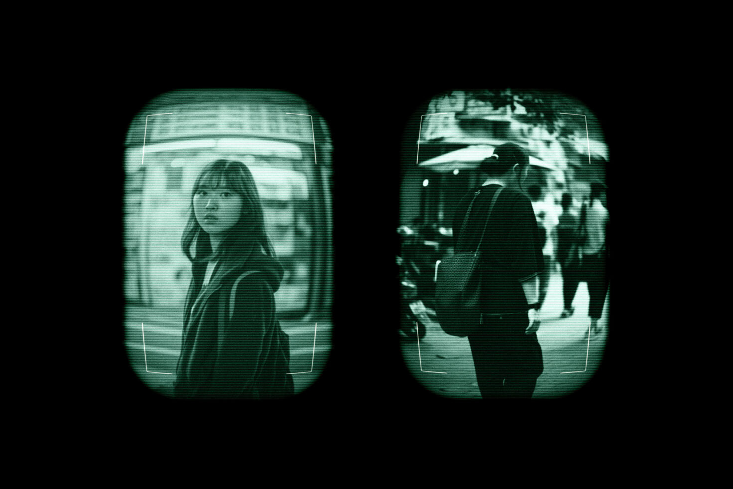 Digital mockup image featuring two people walking in a city scene viewed through a green night vision filter. Ideal for futuristic design projects.
