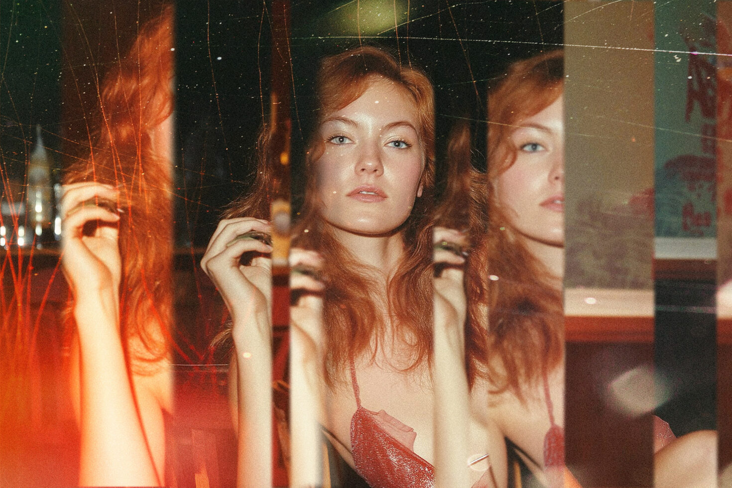 Woman portrait redhead multiple exposure scratched film texture overlay