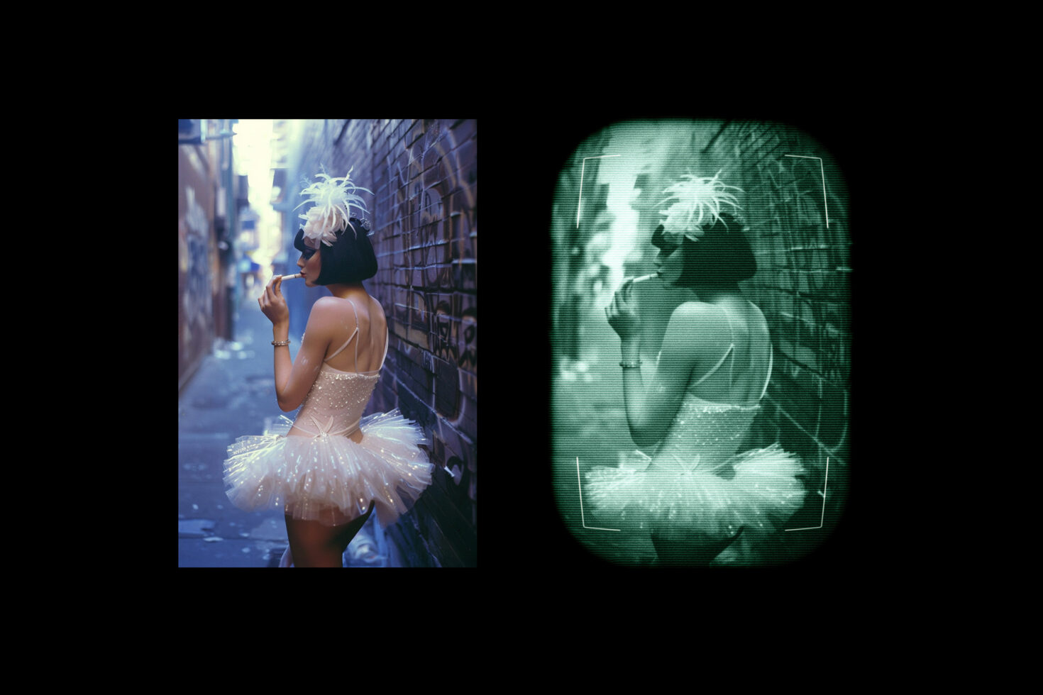 Woman in ballet dress in alleyway captures elegance and intrigue. Photography mockup featuring color and night vision effect for designers and creatives.