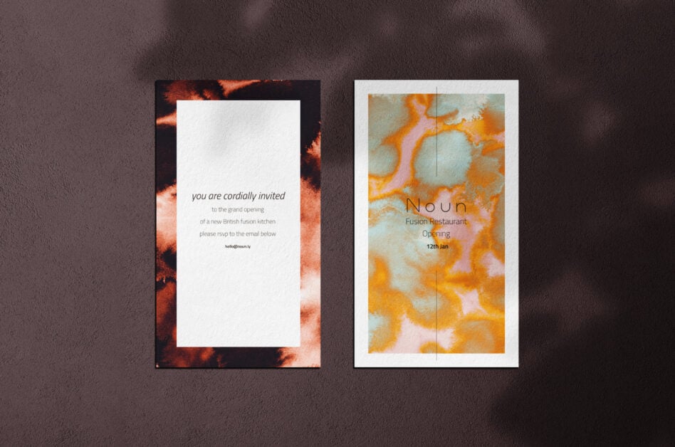 Two printed event invitation cards with burnt orange ink texture frames