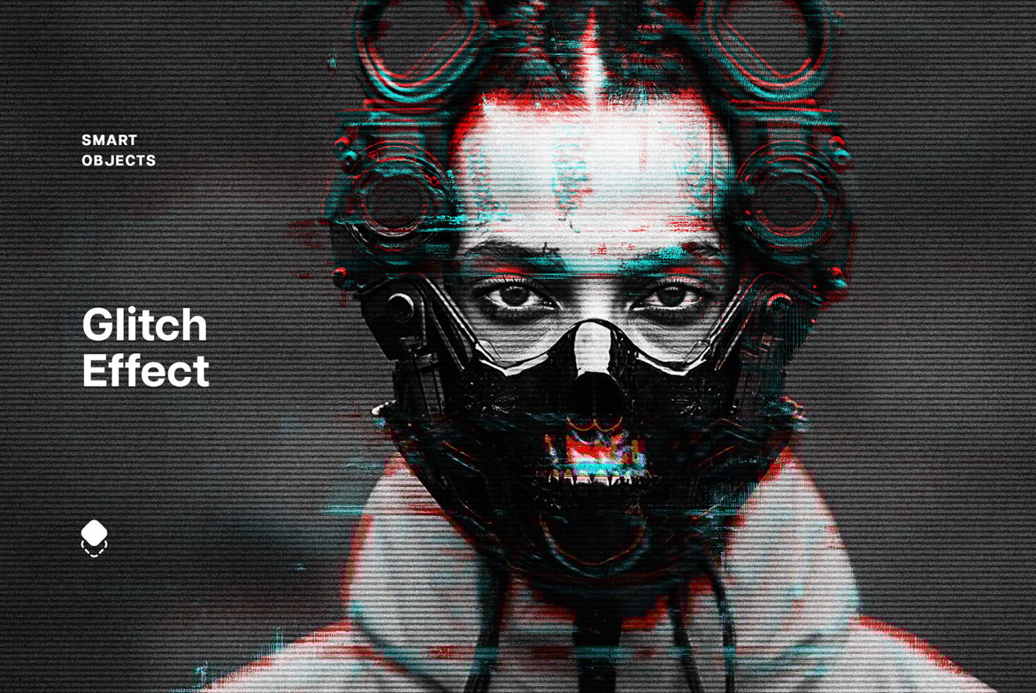 Cyberpunk glitch effect for design assets showing a masked figure with digital distortion. Ideal for edgy mockups or graphics. Perfect for designers.