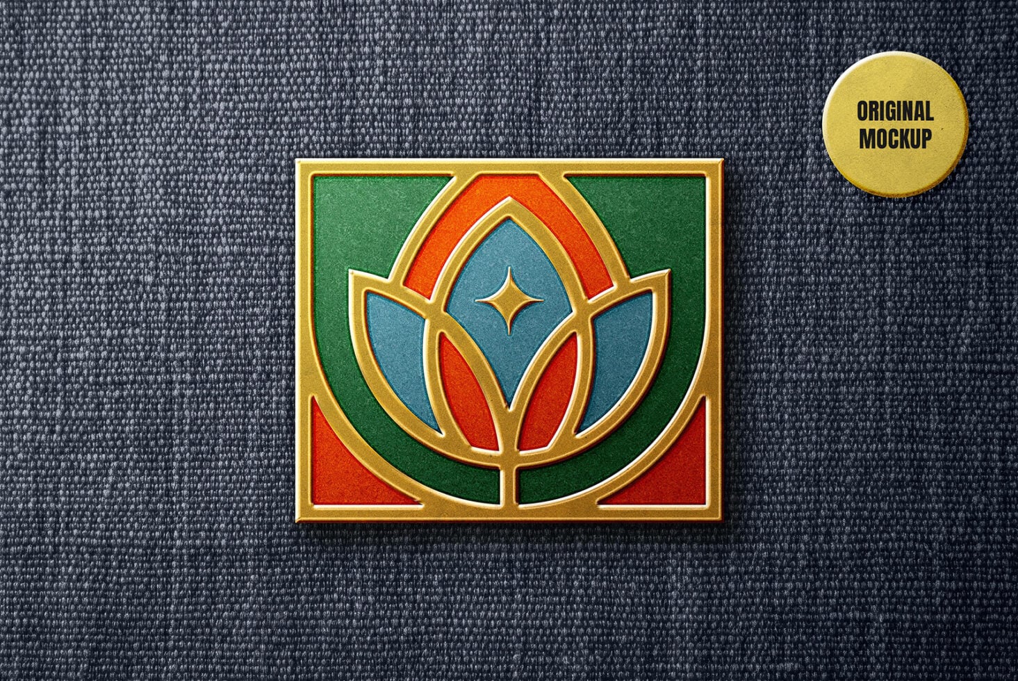 Ornate stained glass badge mockup on linen with original label