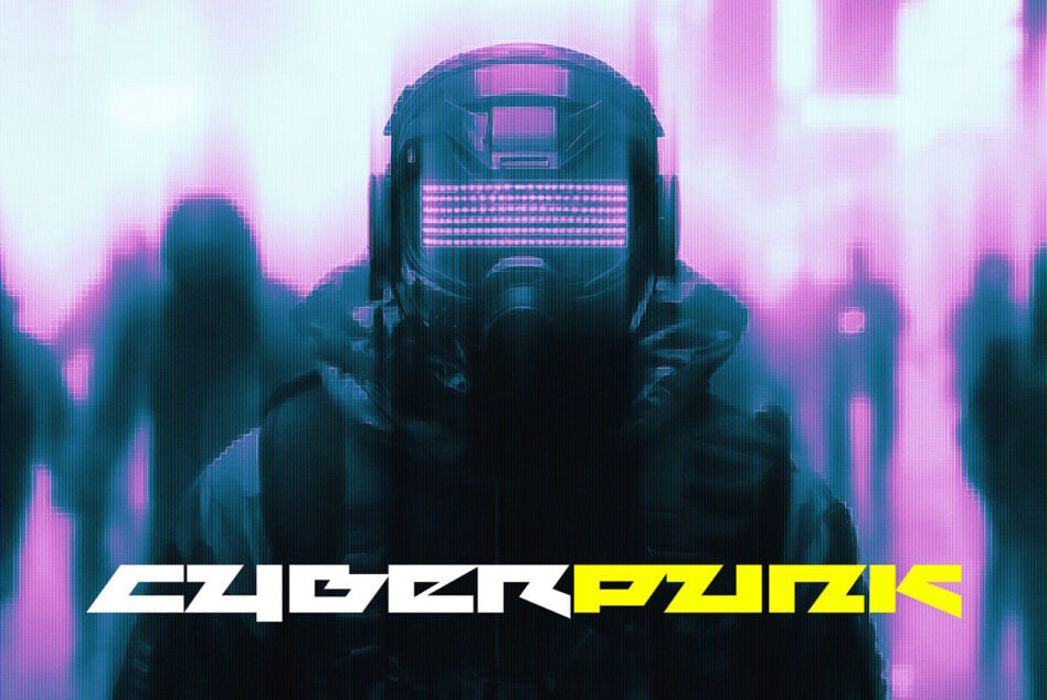 Futuristic figure with pixelated visor, neon pink teal backdrop, yellow text overlay