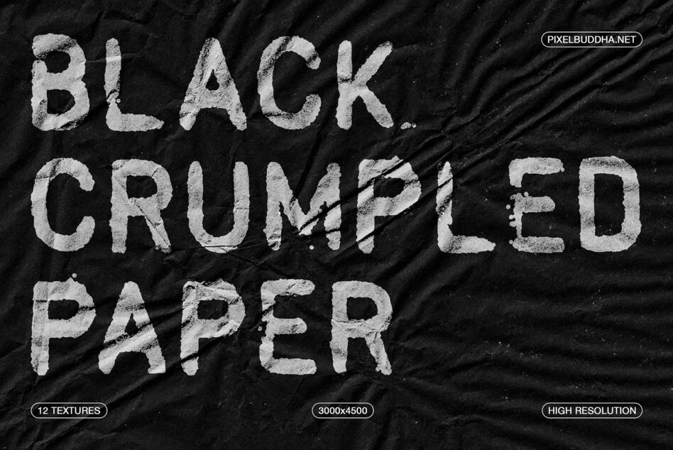 Distressed white text reading BLACK CRUMPLED PAPER on rumpled dark background