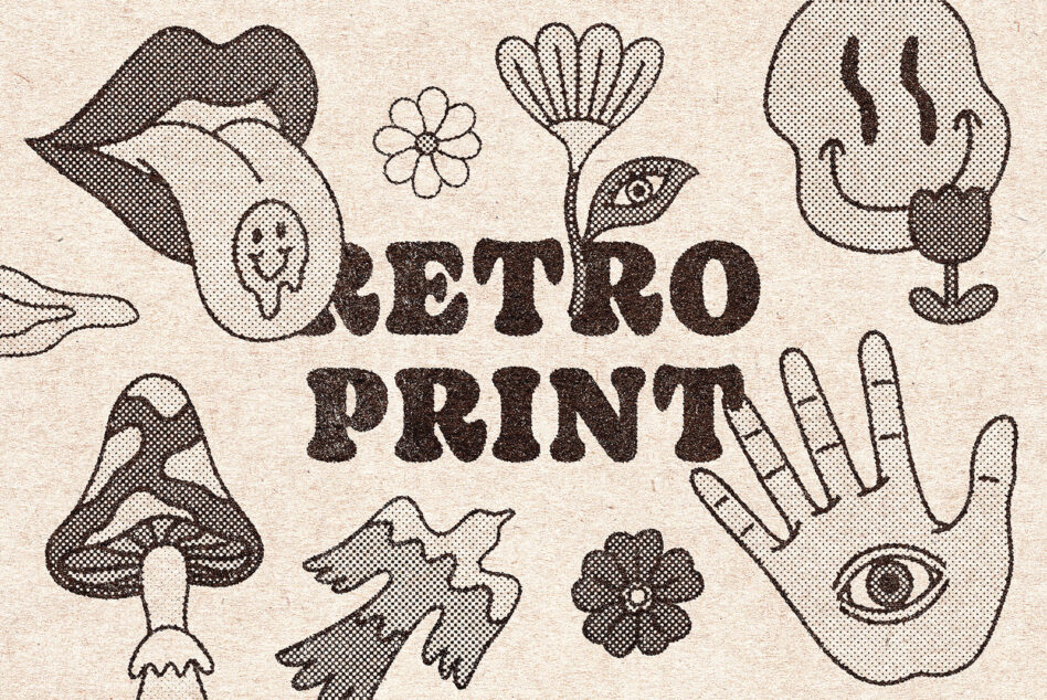 Retro print design with lips, hands, flowers, mushroom, eye, text Retro Print layout