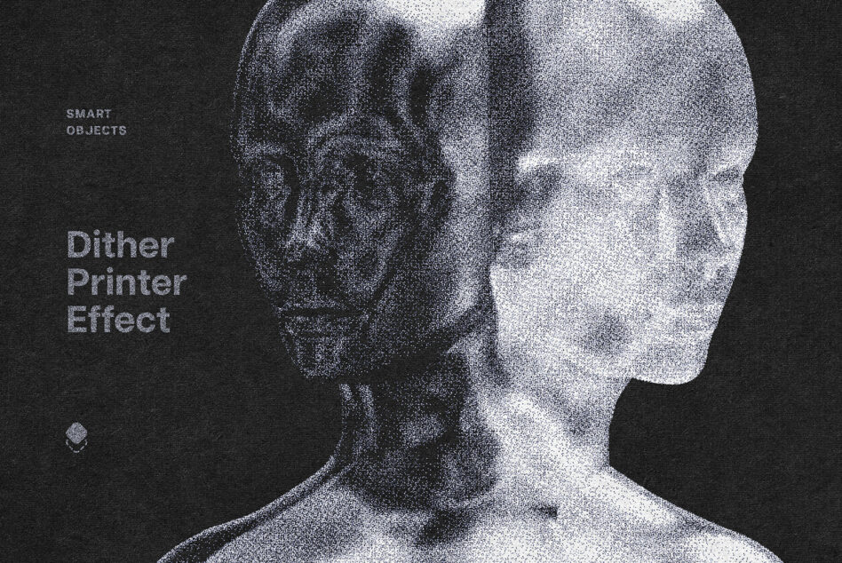 Dither Printer Effect template with abstract human figures. Ideal for graphic designers. Includes smart objects for seamless customization in digital projects.