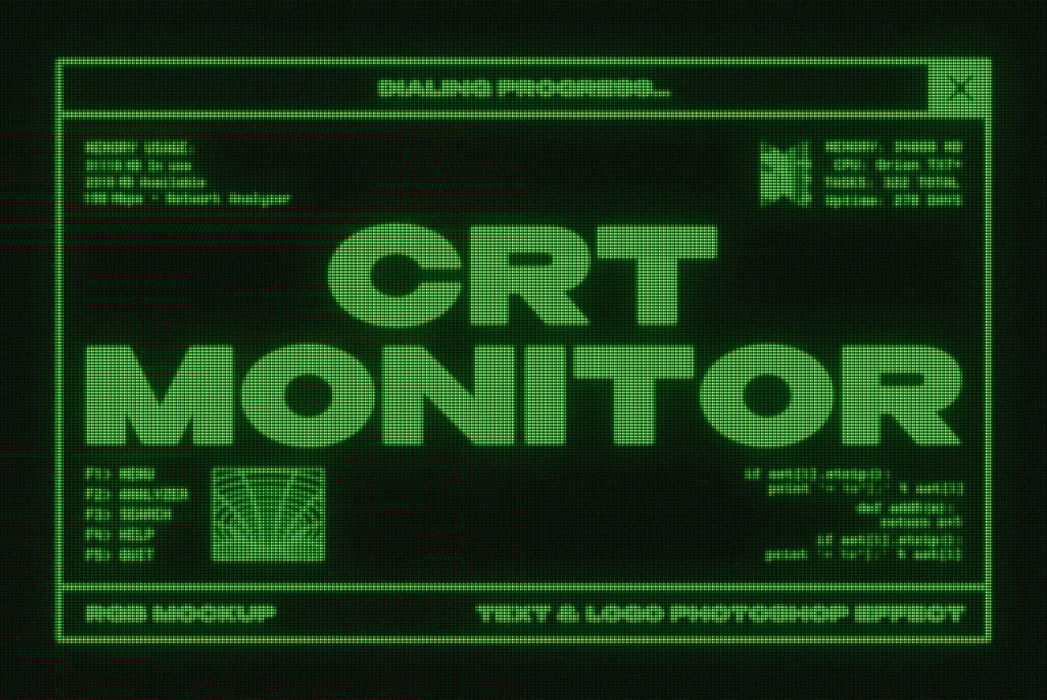 Vintage CRT monitor mockup design with green pixelated text display. Ideal for retro graphics, digital assets, templates, and designers' projects.