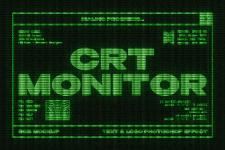 Vintage CRT monitor mockup design with green pixelated text display. Ideal for retro graphics, digital assets, templates, and designers' projects.