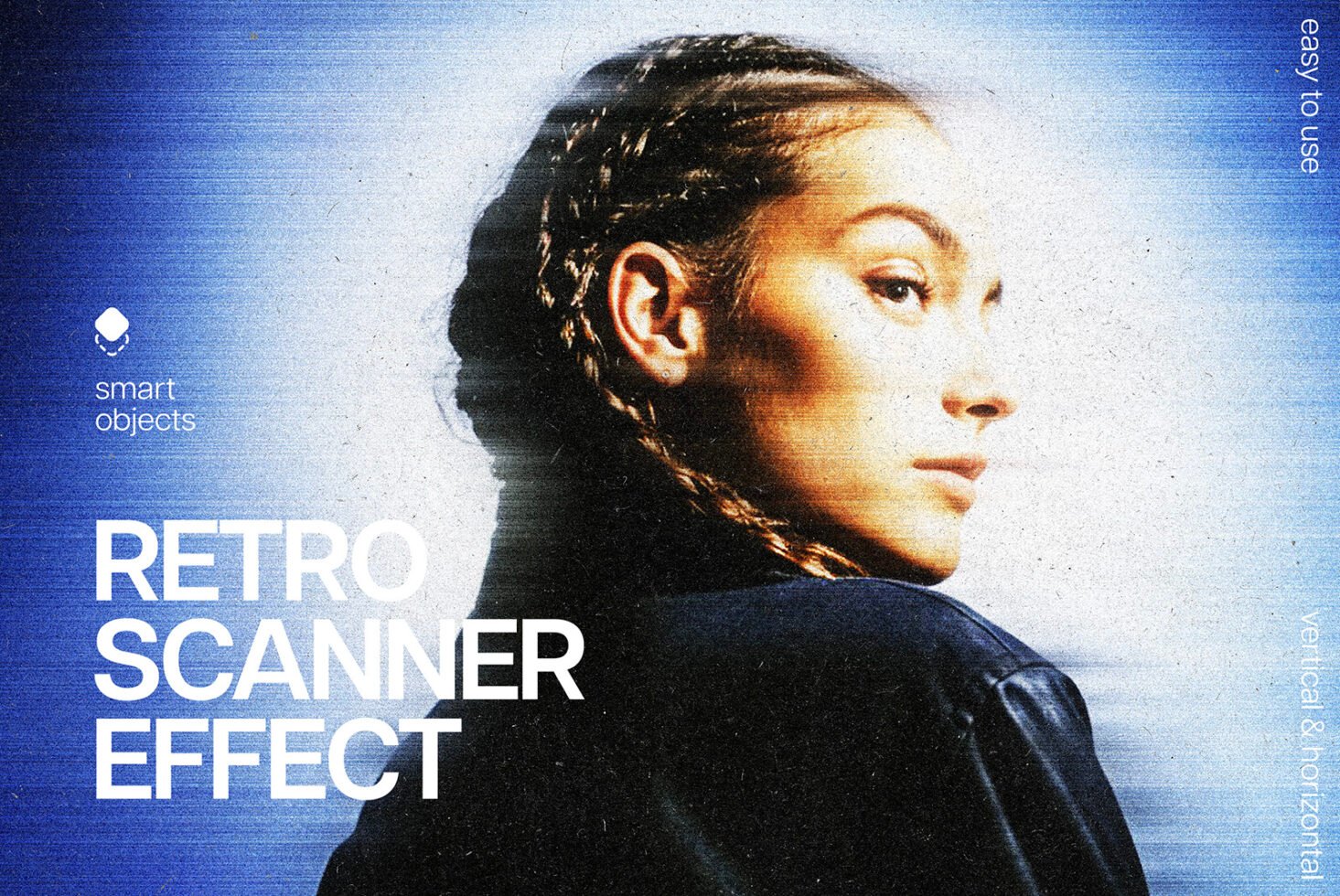 Retro scanner effect graphic featuring a woman's profile with braided hair. Includes smart objects text overlay. Perfect for design mockups templates.