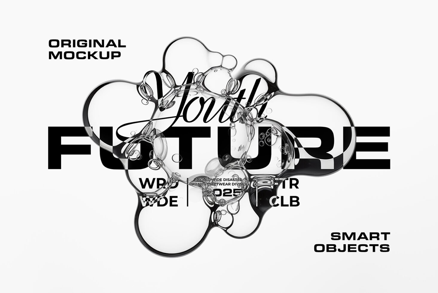 Modern typography mockup featuring the word future with abstract bubble design overlay. Ideal for graphic designers, typography templates, digital art.