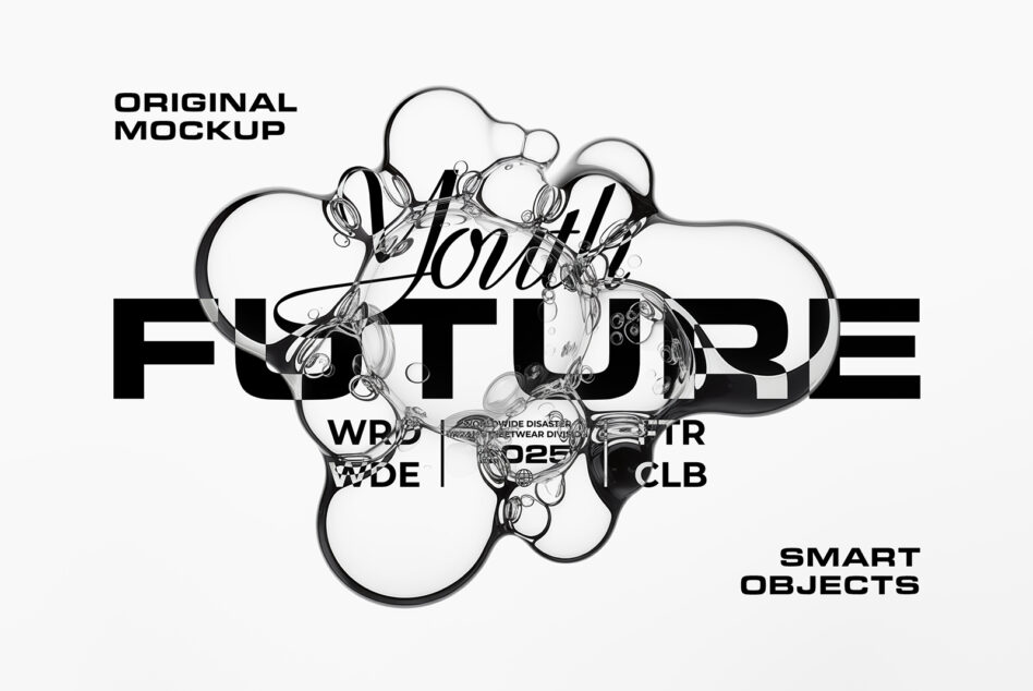 Liquid bubble shapes layering over text on light background with smart objects