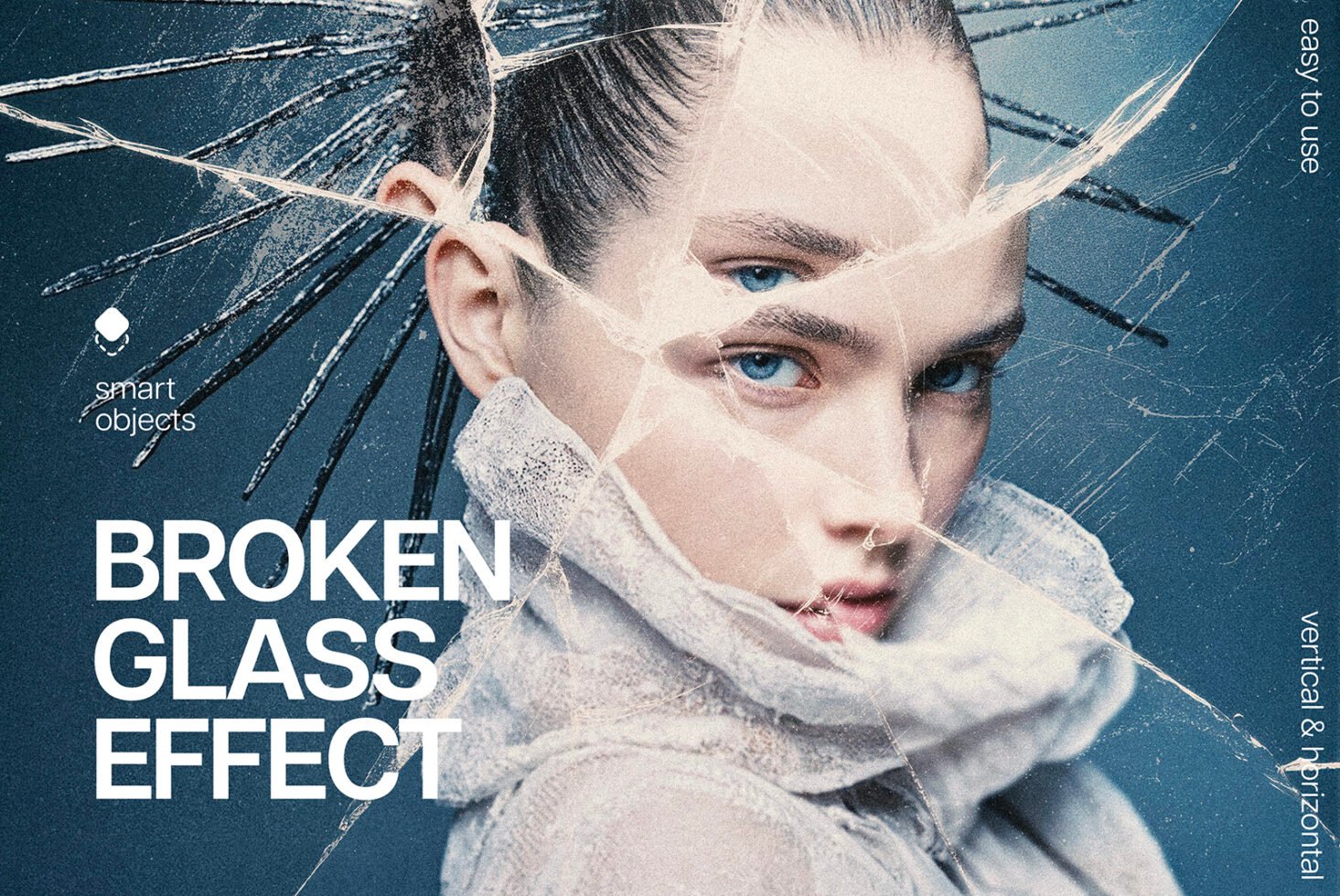 Broken glass effect mockup showcasing a portrait with realistic shatter overlays. Ideal for designers seeking dynamic visual assets or creative templates.