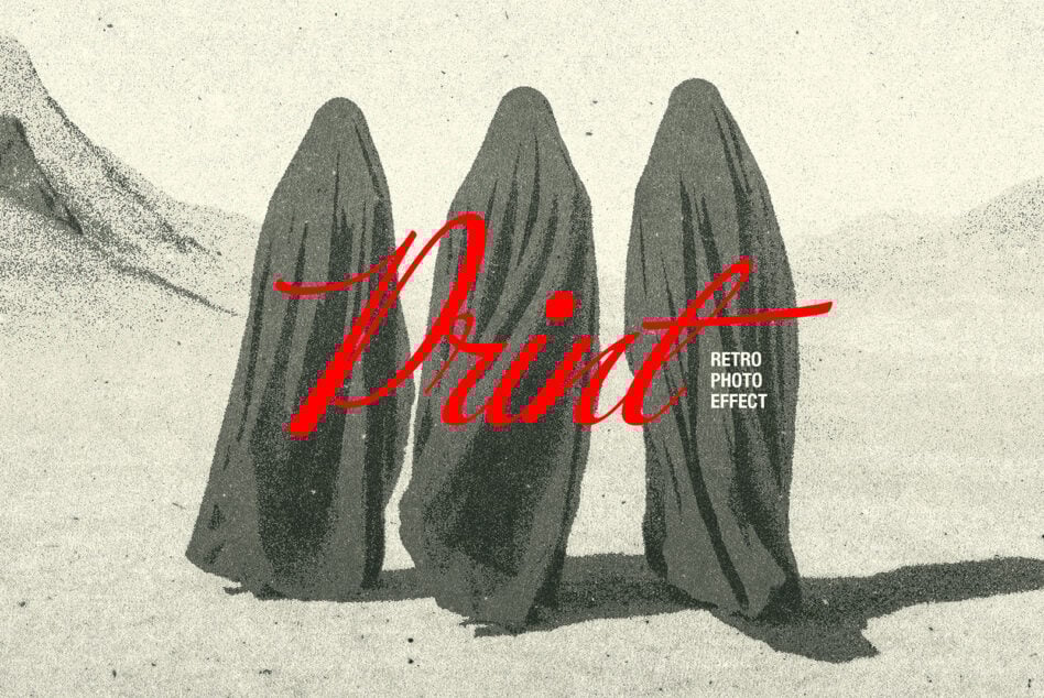 Retro photo effect design featuring three cloaked figures in a grainy desert landscape perfect for digital assets vintage graphics.