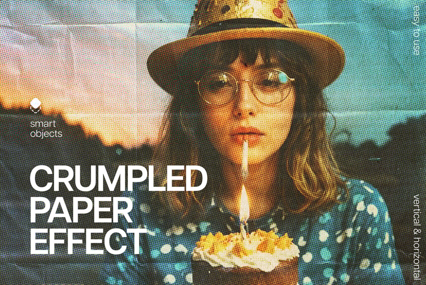 Crumpled paper texture effect on vintage photo of person with cake and candle. Perfect for designers seeking unique mockup and template styles.