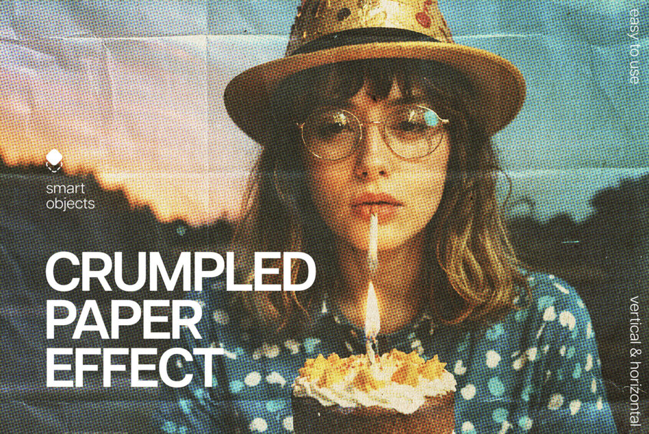 Crumpled paper effect mockup with person wearing sunhat over textured rainbow halftone