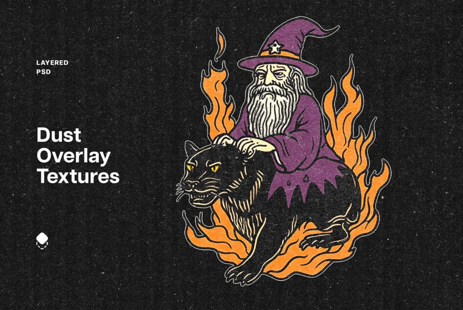 Wizard with purple robe riding black cat surrounded by orange flames on dark speckled background