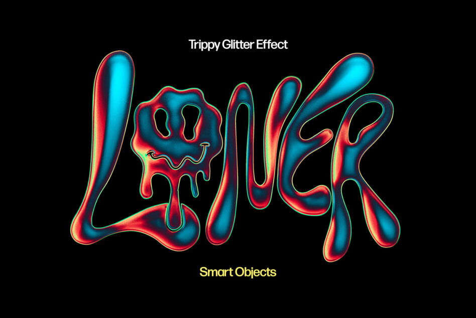 Psychedelic 3D text effect with vibrant colors for creative projects Smart Objects feature for easy customization ideal for graphics templates designers