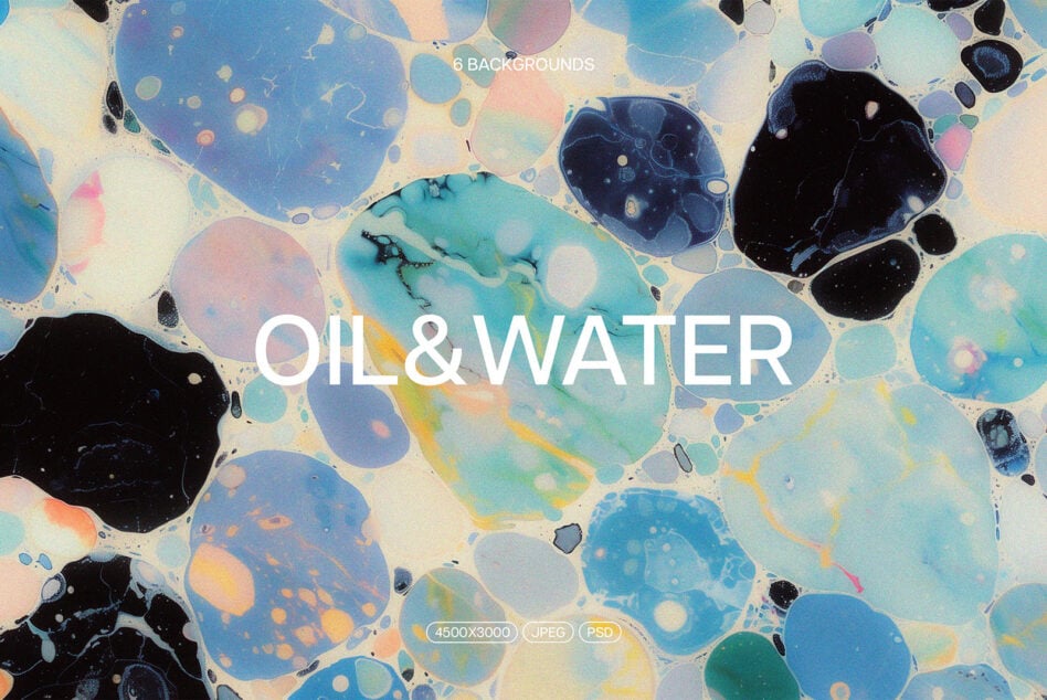 Oil slick texture overlaid with white Oil Water text on cream background