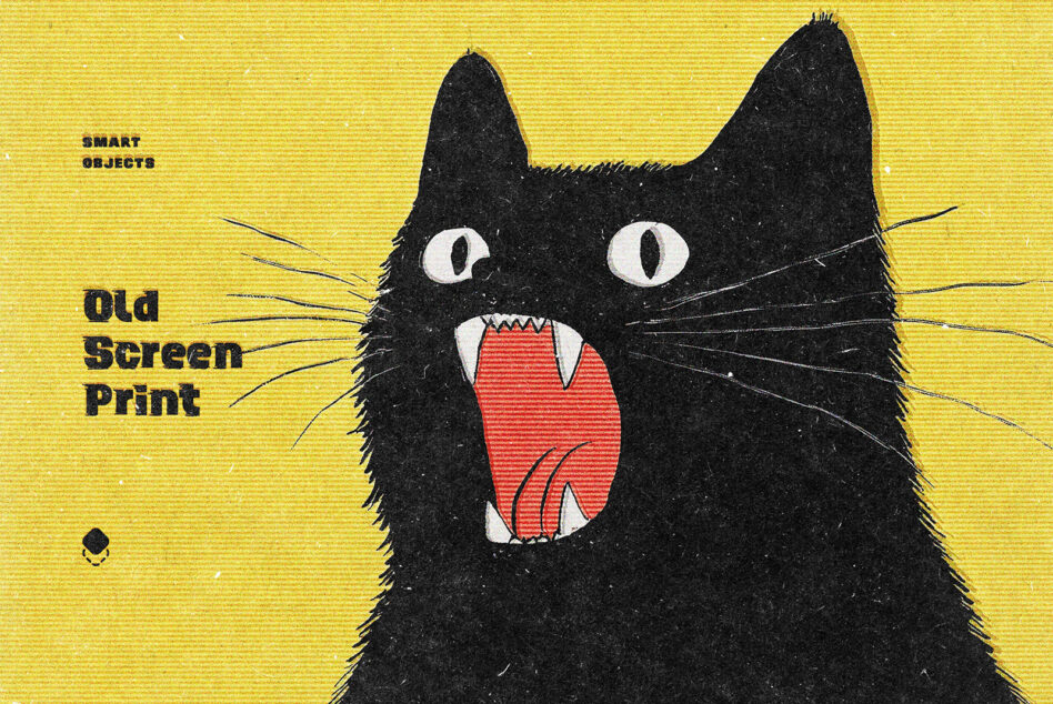 Black cat portrait screaming, red mouth with teeth, yellow background with screen print texture