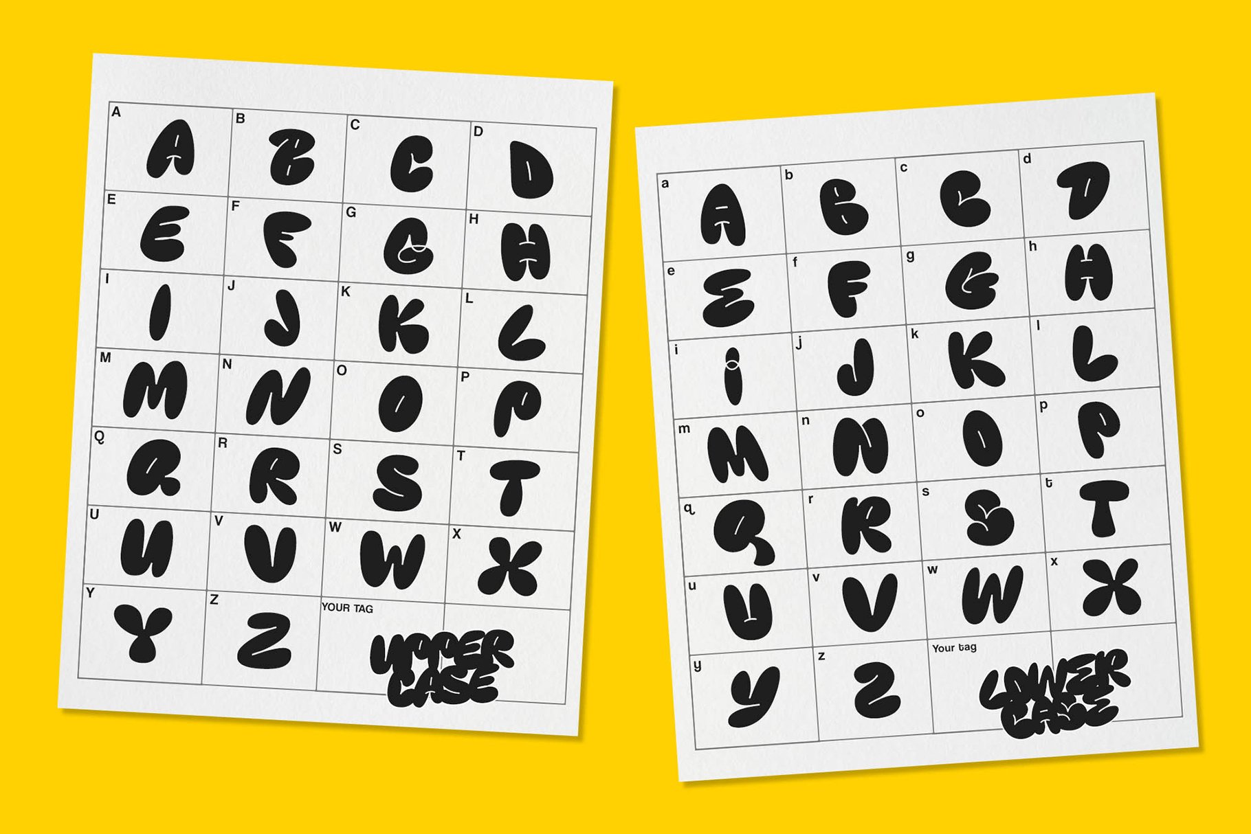 Bold bubble font design showing uppercase and lowercase letters on white grid papers with a yellow background perfect for graphic design projects.