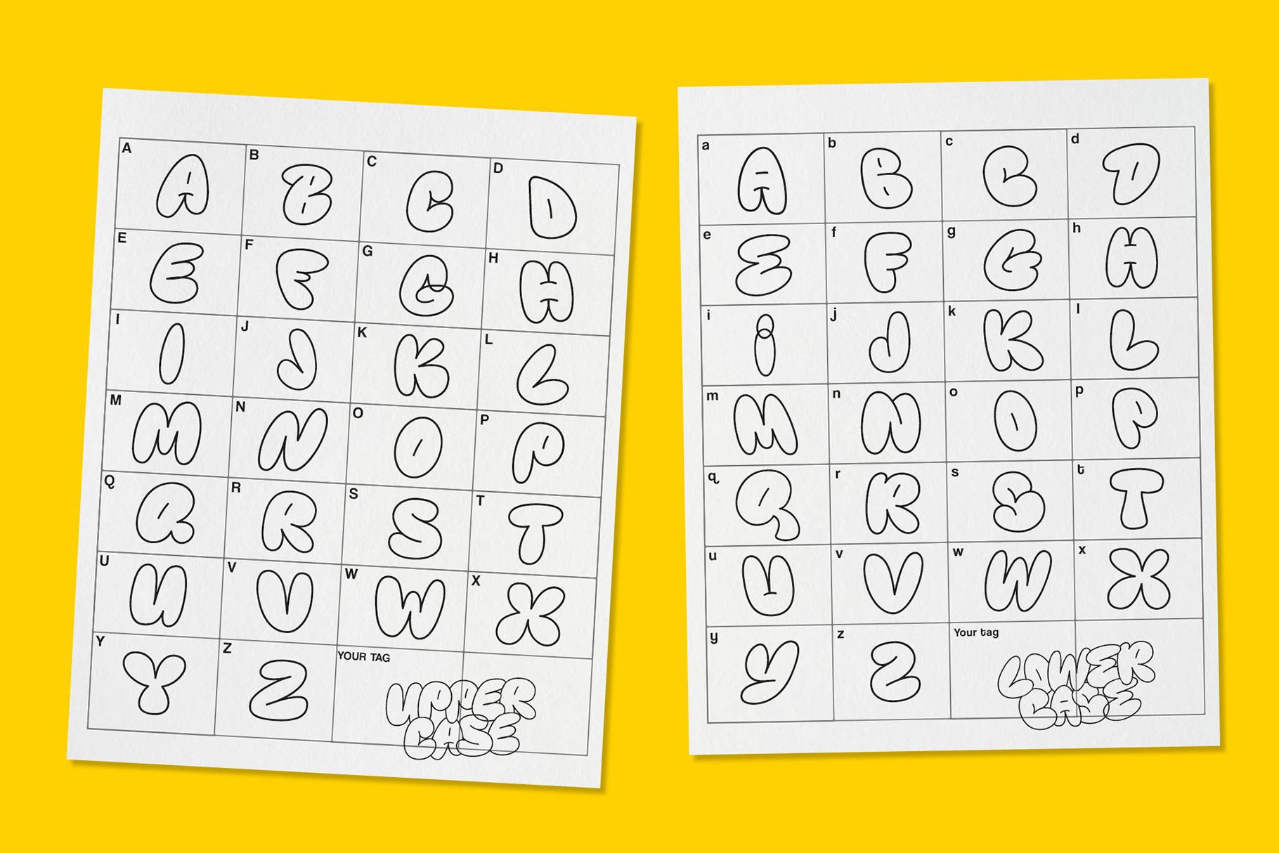 Alphabet font sheet with playful bubble letters in uppercase and lowercase on a yellow background. Perfect graphic asset for designers and typographers.