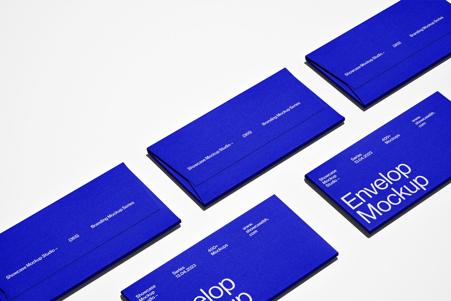 Blue envelope mockup set on a white background perfect for branding displays. High-quality, design template ideal for showcasing graphic designs.