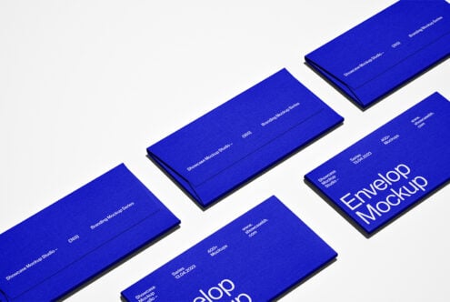 Blue envelope mockup set on a white background perfect for branding displays. High-quality, design template ideal for showcasing graphic designs.