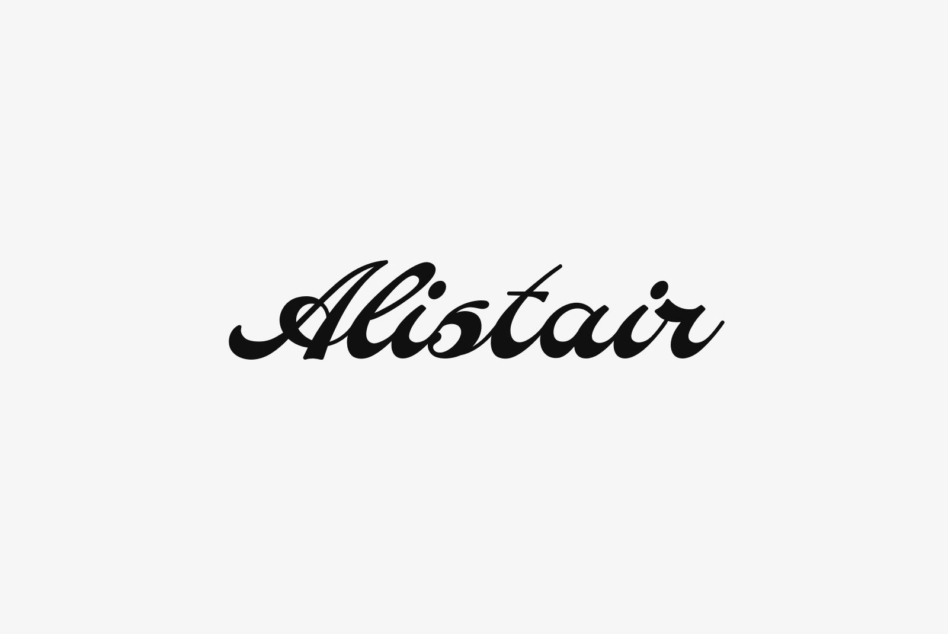 Alistair script font in flowing black italic cursive lettering
