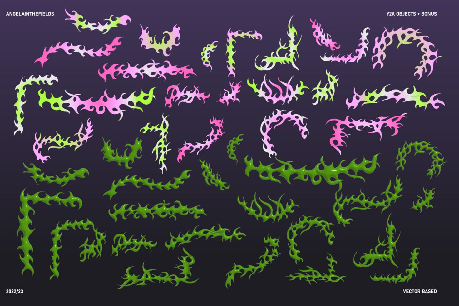Neon spiky text shapes in lime, pink, white on dark background, jagged dripping style