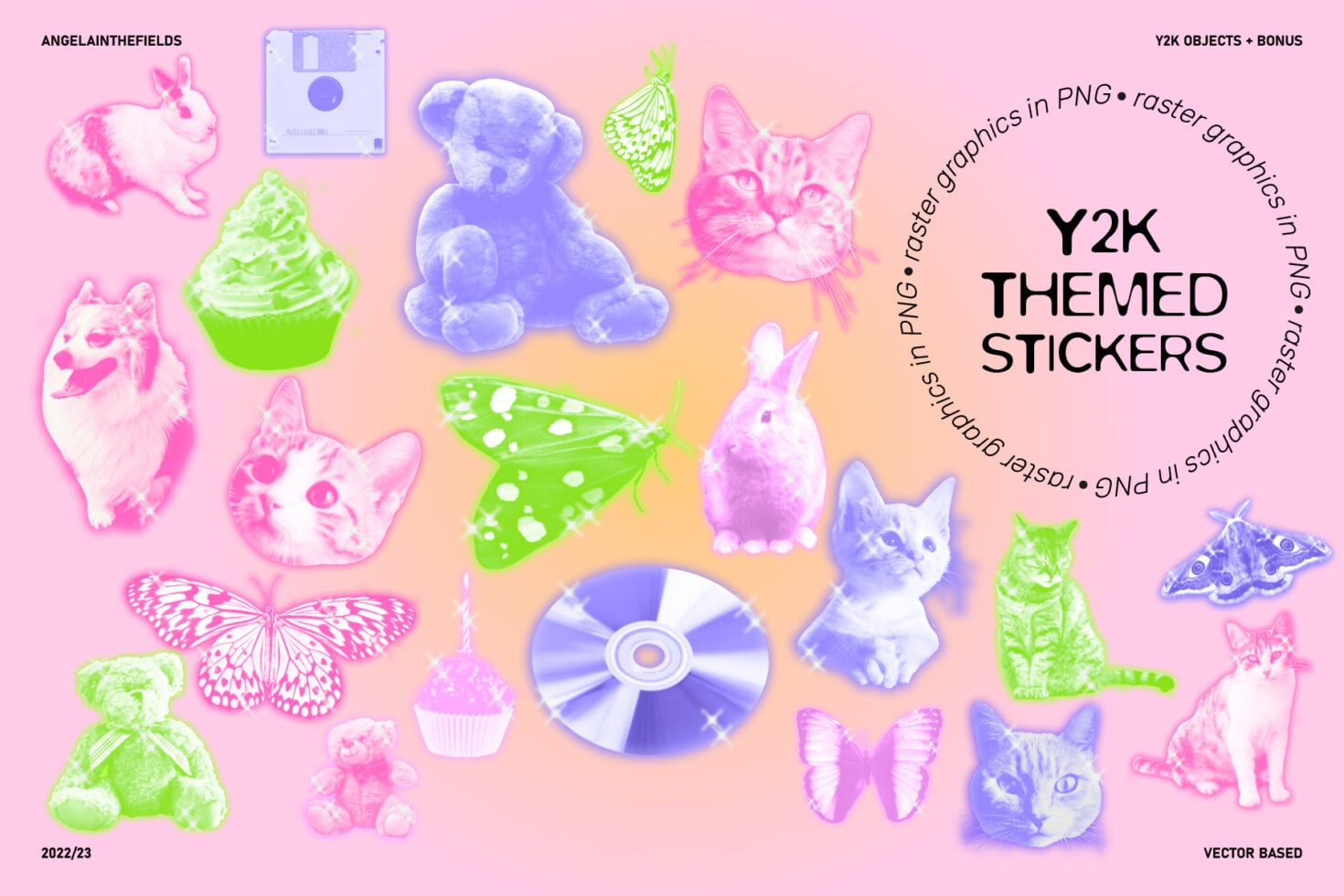 Glitchy sticker graphics with pastel cats, bunnies, moths, bears, cupcakes, discs