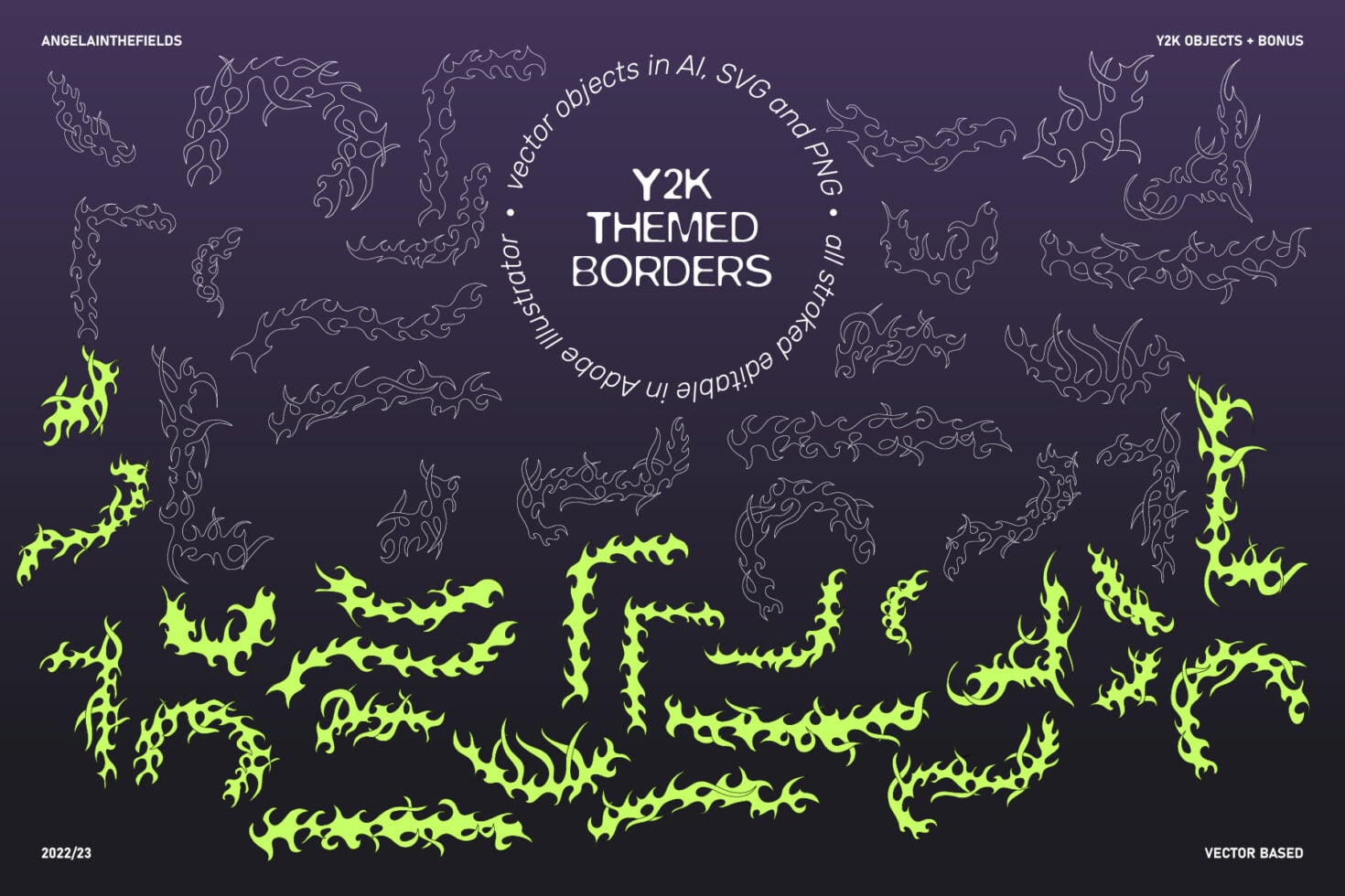 Spiky jagged borders in neon green on dark purple, edgy organic shapes throughout