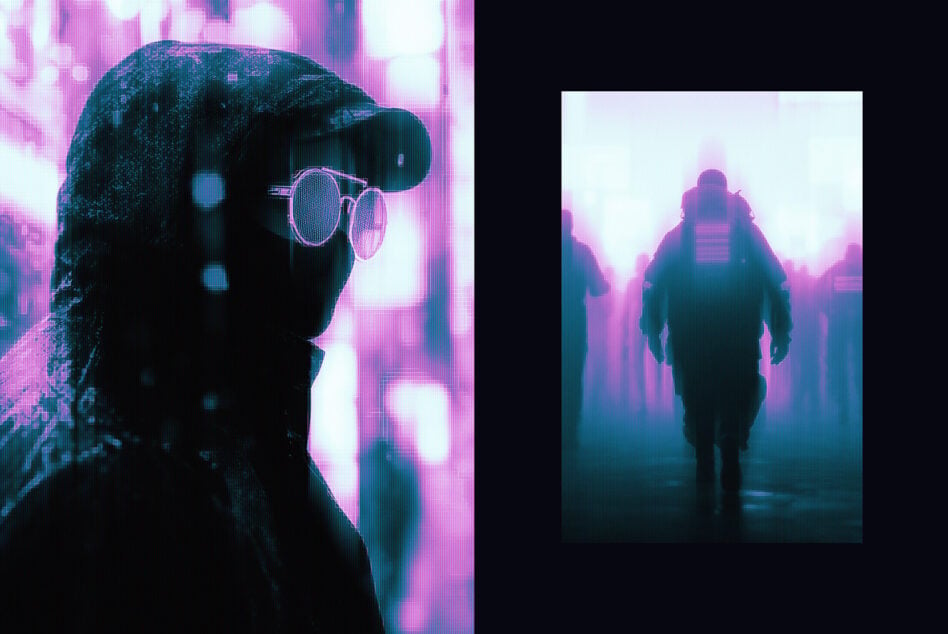 Figures in neon haze, person with round glasses left, group center right, glitchy