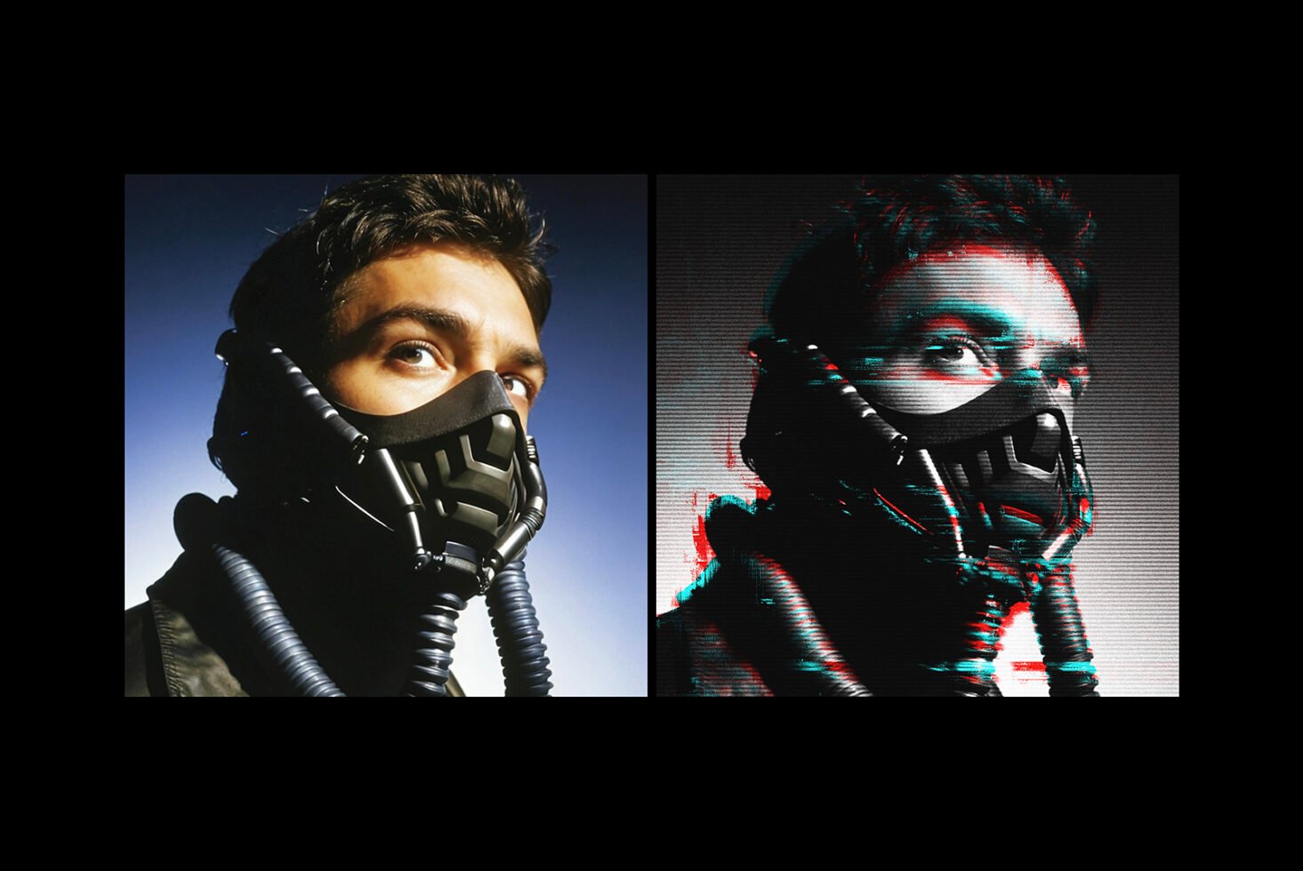 Dual portrait of a person with a futuristic mask, showcasing left color and right glitch effect. Perfect for graphics designers. Keywords: graphic design mockup