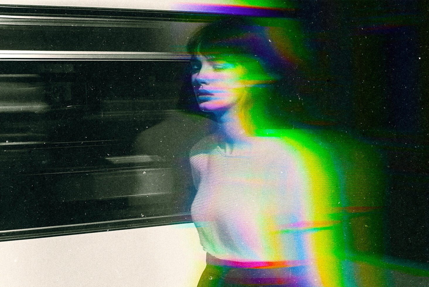 Abstract graphic design featuring a woman with glitch effect, vibrant neon colors, and motion blur. Ideal for digital art and modern design projects.