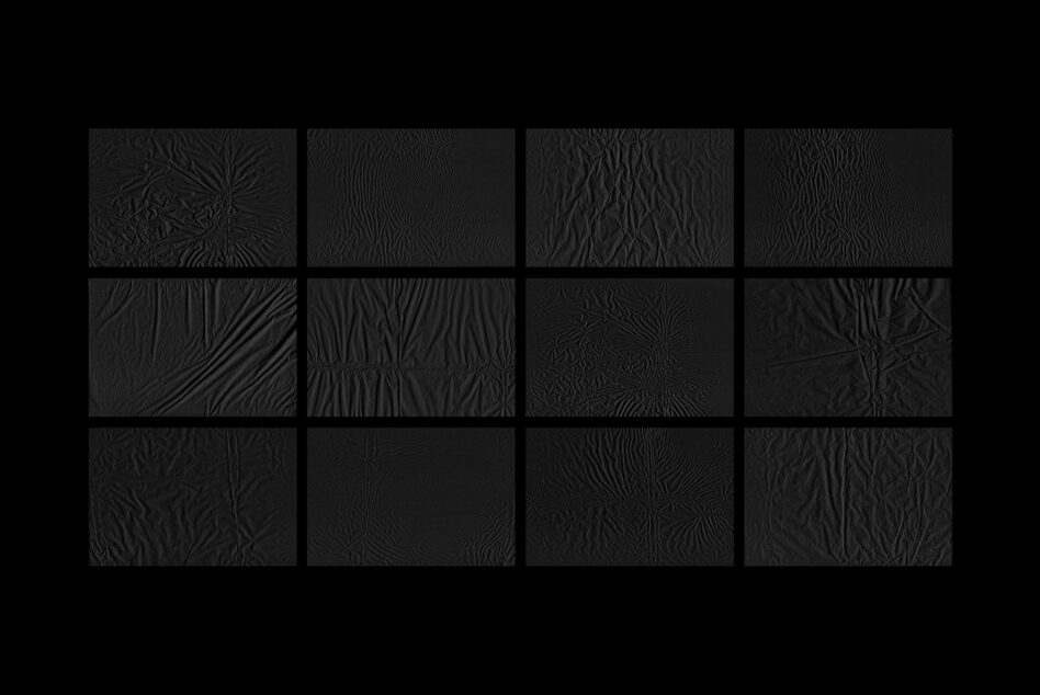 Grid of 12 dark wrinkled textile samples displaying varied creases, folds, surface details