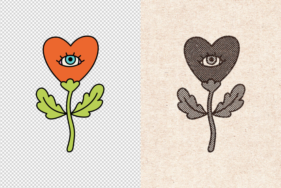 Split image showing colorful heart flower next to halftone version on textured background
