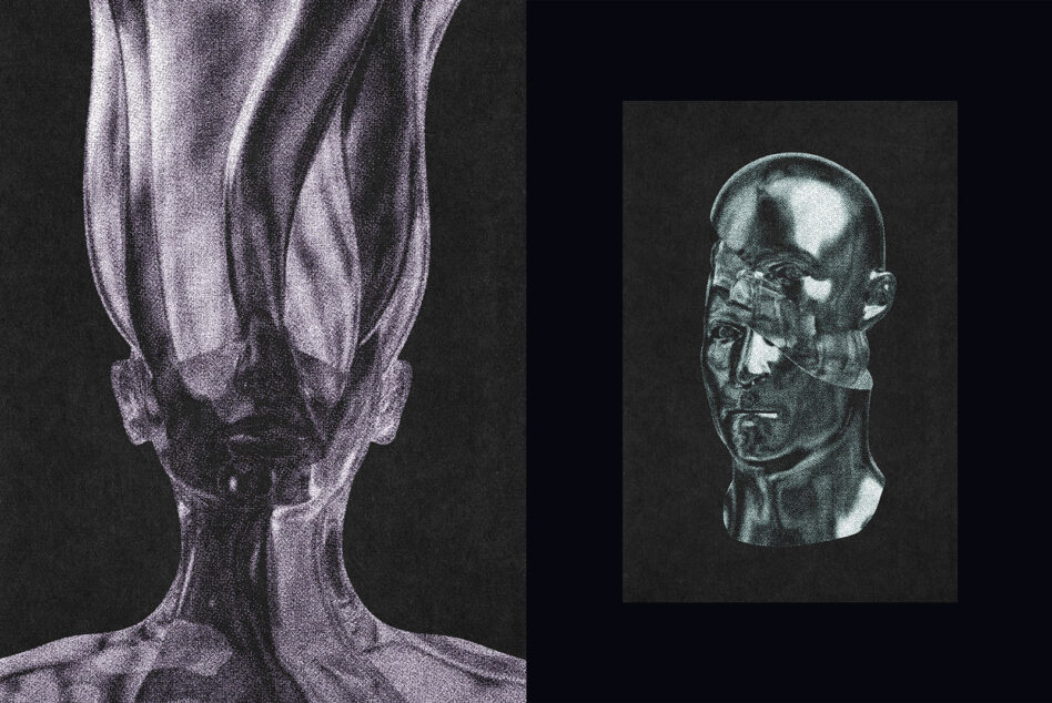 Surreal graphic design depicting distorted human forms with fluid textures over a dark background. Perfect for designers seeking unique digital art assets.