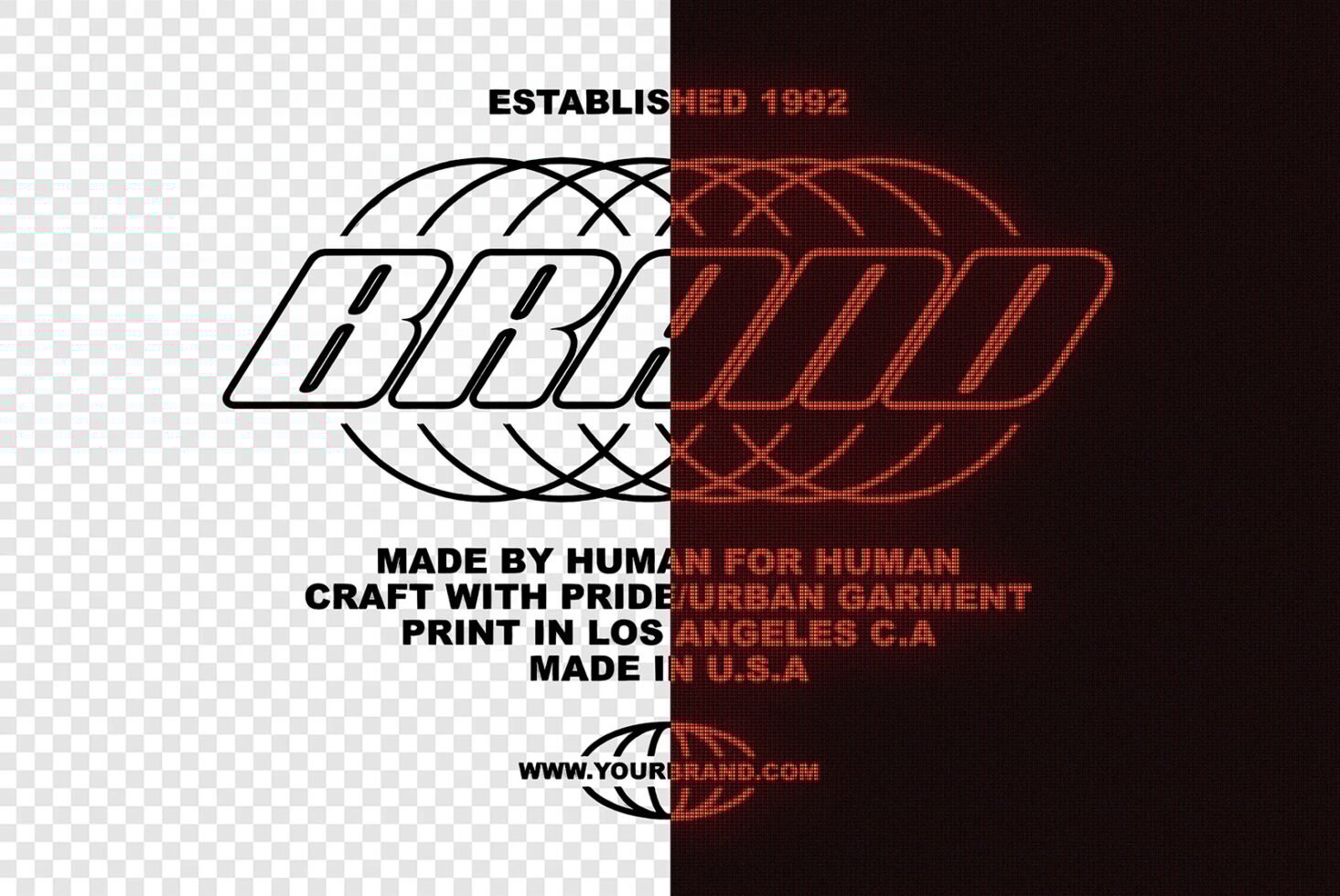 Brand logo mockup split design with transparent grid and red digital effect. Urban garment style perfect for designers seeking unique branding templates.