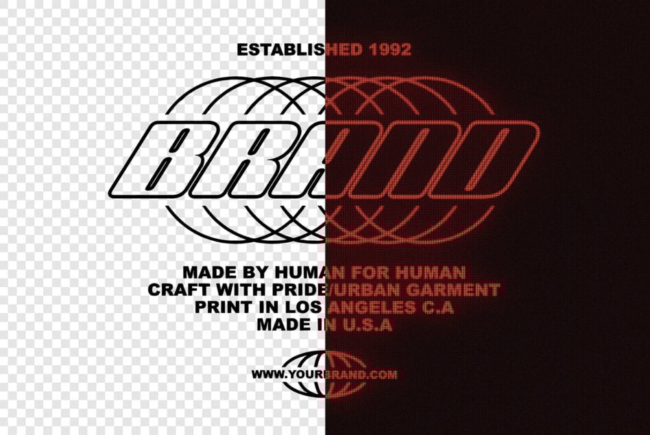 Brand logo mockup split design with transparent grid and red digital effect. Urban garment style perfect for designers seeking unique branding templates.