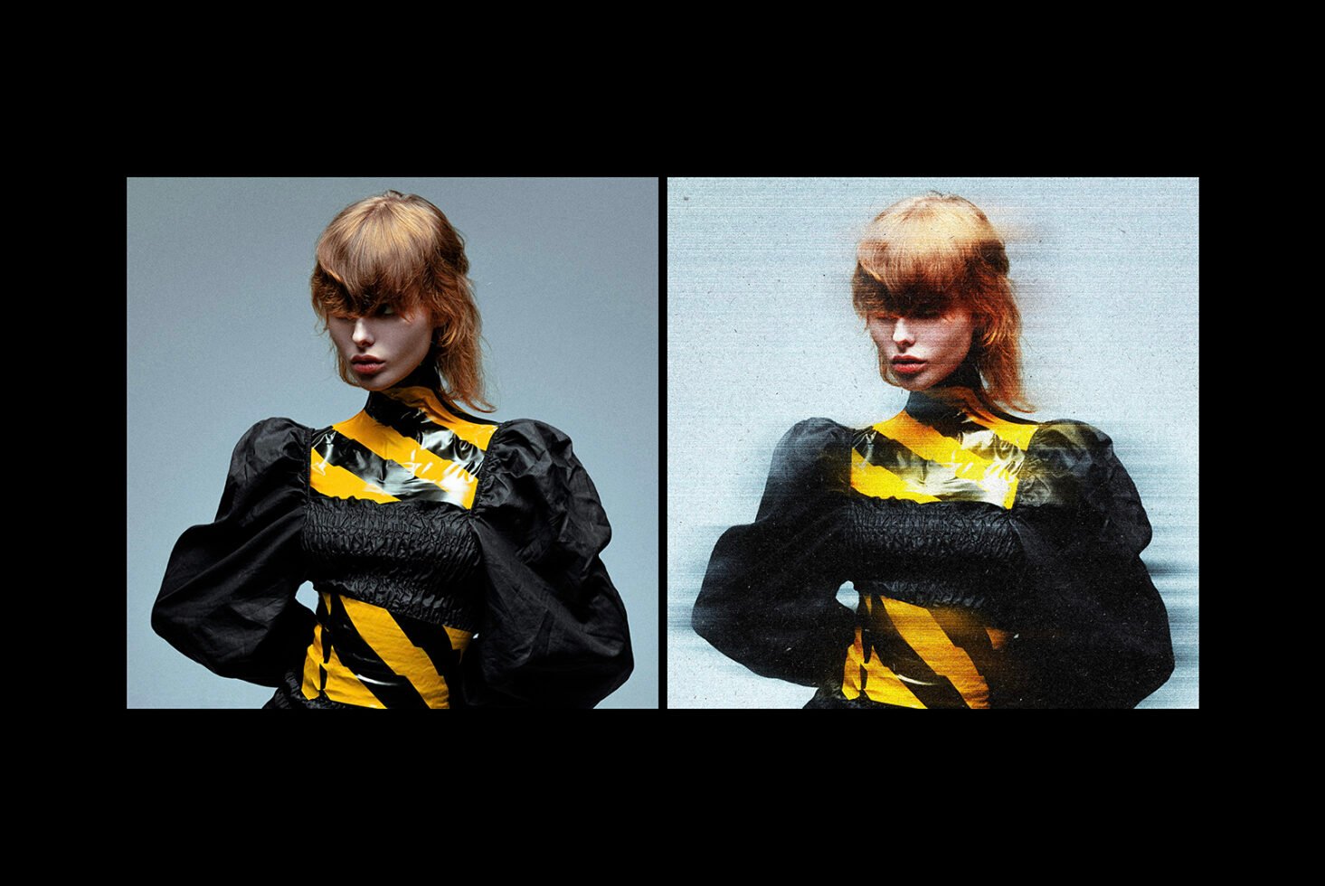 Fashion photography split effect mockup featuring a model in a vibrant dress with contrasting textures. Ideal for designers seeking unique graphic assets.